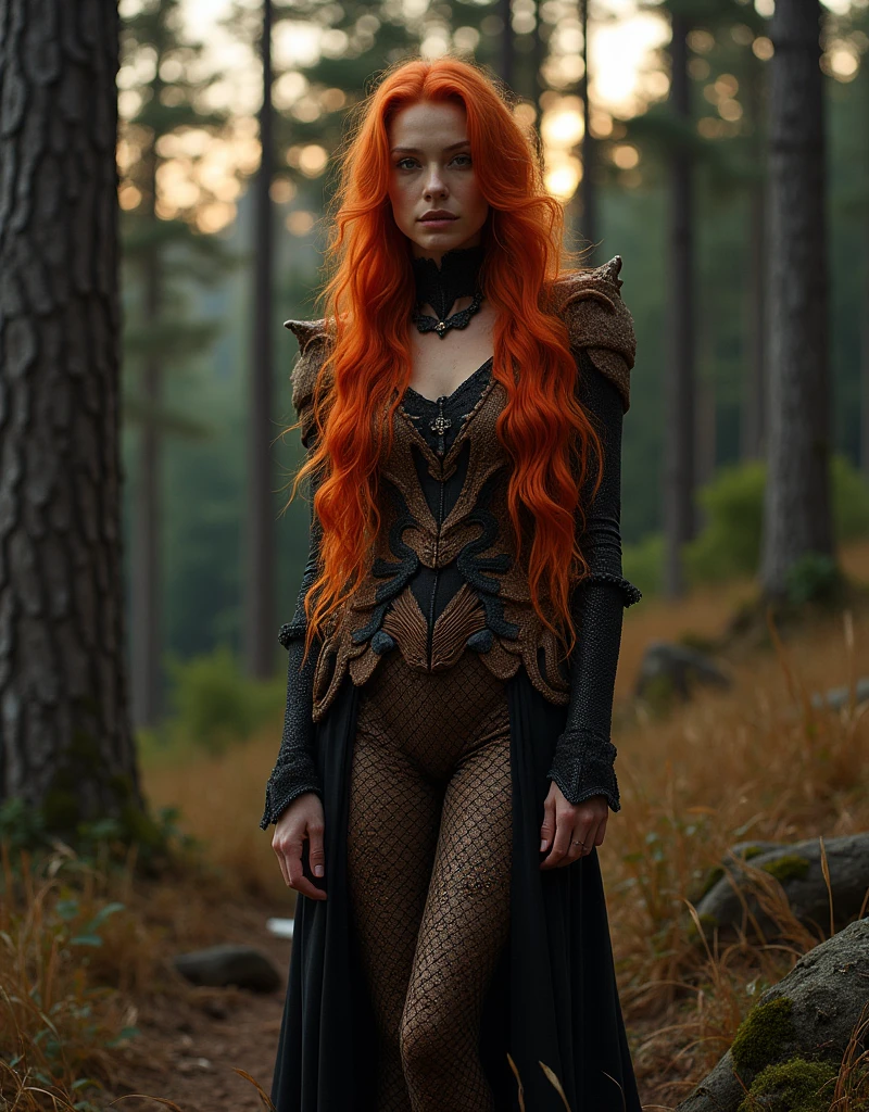 Red-haired snake woman,com roupa Soft Machine,brown and black color,background with pine trees