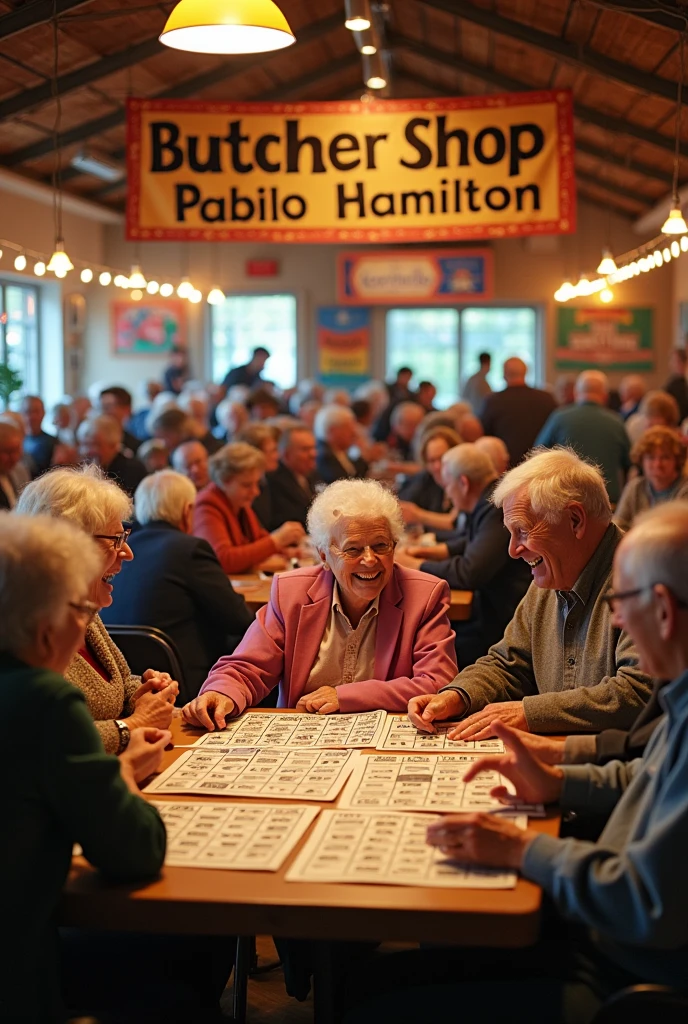 I want you to make an image of people playing bingo and at the top it says: butcher shop Pablo Hamilton