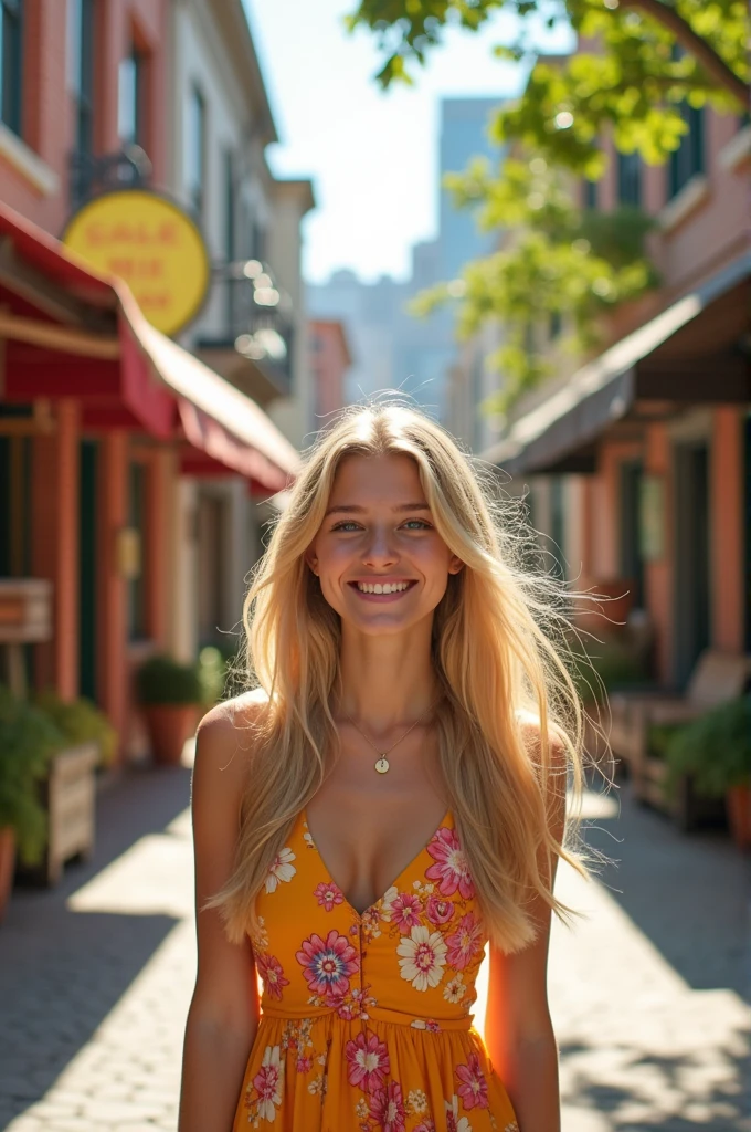 A 20 years girl with golden wave hair wearing a short dress and stand in the parking lot of a beautiful day