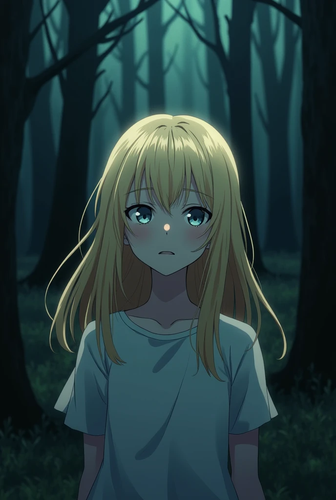 As she fades away, Celeste whispers a final message, her voice filled with sorrow and hope.. make her young  and anime art style and her hair color should be blond and the background should be just tree and not flowers and make the theme dark and tense make her simple and use anime art style and this time make her that she's dying close her eyes with a drop of tear 

.