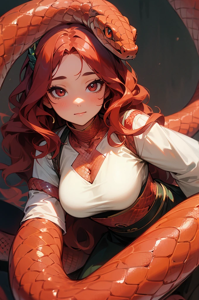 ((best quality)), ((masterpiece)), (detailed), perfect face, woman, slightly chubby, lamia, red snake serpent, wavy hair