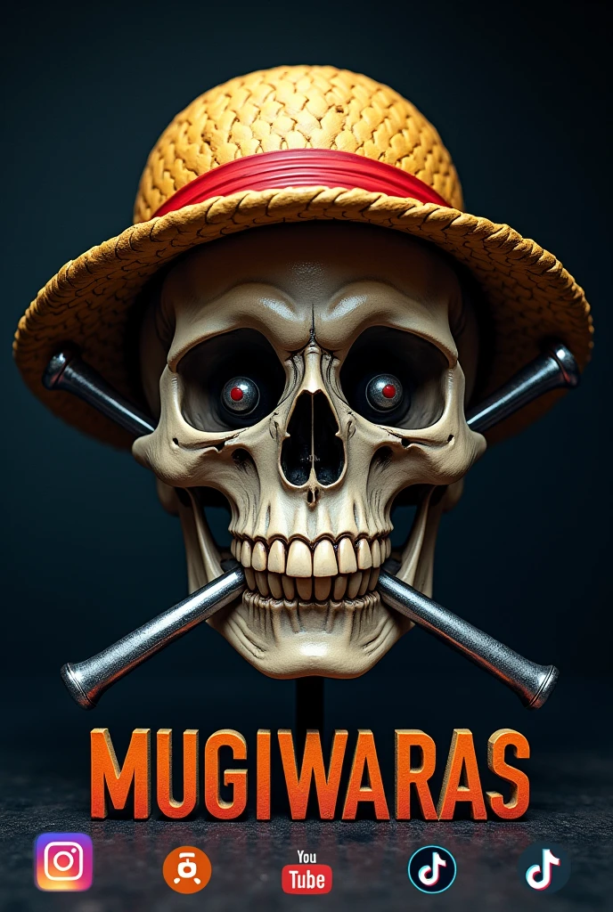 A scary realistic skull with Luffy's straw hat, Zoro's katanas stuck in the skull, skull with jaw and MUGIWARAS written below, Instagram logos, Tik Tok and YouTube logos on the sides, small gaming logos