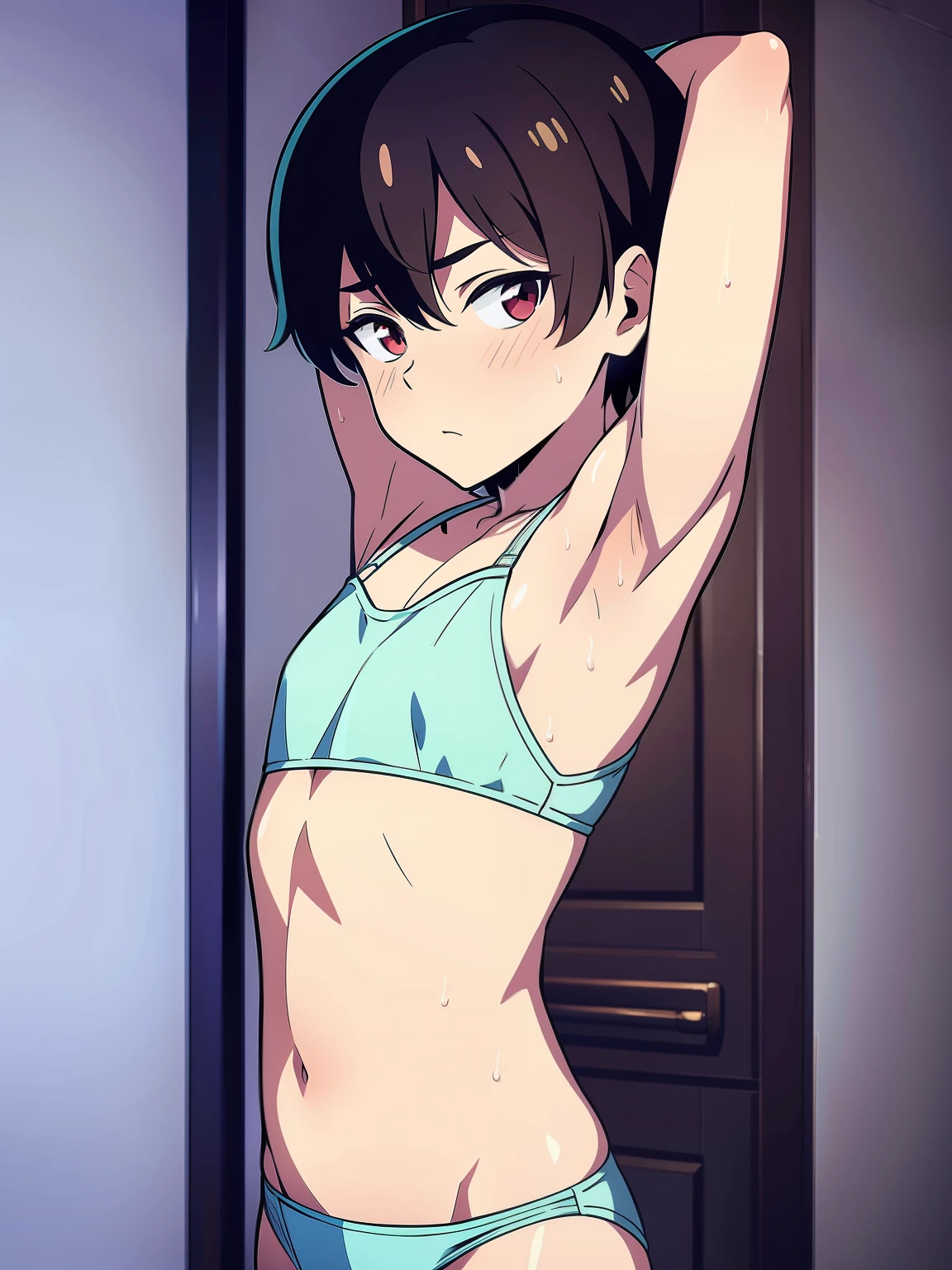 Highres, Masterpiece, Best quality at best,Best Quality,hight quality, hight detailed, Anime style, 1boy, Shota, young boy, Solo person, Lingerie, Sexy lingerie, Seen from the front, look at viewer, (very young boy), (very small and short body), s, (Showing armpit:1.3), hansome boy, Uhd, bokeh,Sweat