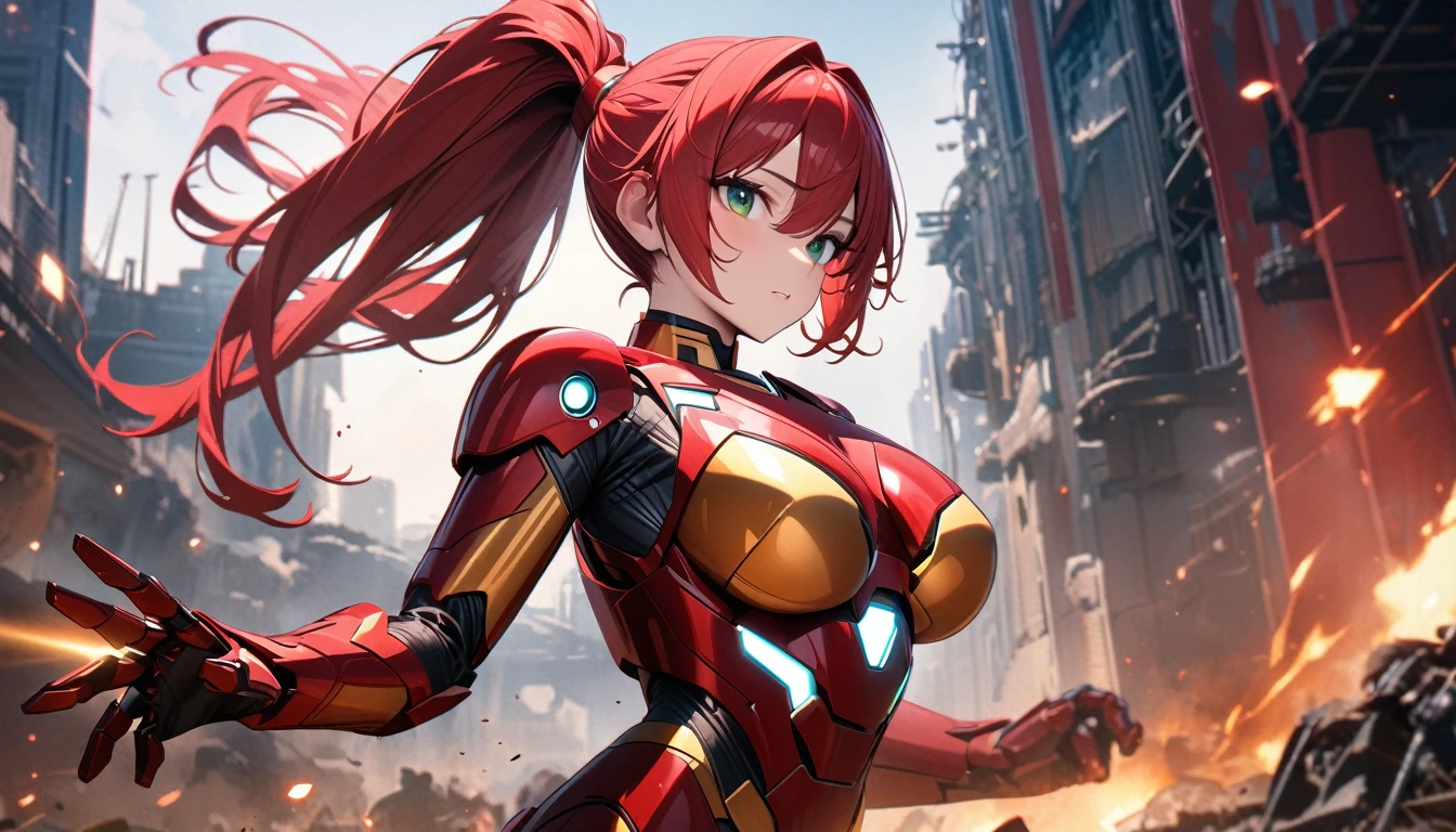 young, Long Red Hair, High Ponytail, Green Eyes, Iron Man Armor, masterpiece, Highest quality, Full HD, 8k, Super detailed, Great graphics、Beautiful breasts、Big Breasts、Cowboy Shot