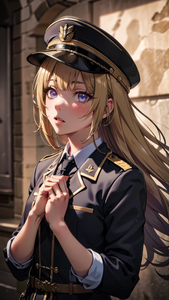 (masterpiece, best quality, absurdres), high quality, highres, ultra detailed, intricate, cinematic lighting, wallpaper, soft lighting, cowboy shot, full shot, looking at viewer, upper body, parted lips, 1 girl, kei Karuizawa, blonde hair, bangs, long ponytail , detailed violet eyes, ((Super Realistic Detailed Eyes, glowing eyes)), black military uniform, military uniform, black military hat, black hat, holding hat with fingers, military coat, military achievement