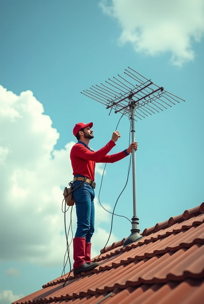 A man dressed in a red and blue suit, Similar to that of "spider-man", is on top of a roof changing a TV antenna. It is in a balanced position, holding the antenna with one hand while adjusting the base with the other. The sky is clear with some white clouds in the background, and the scene conveys a sense of height and dizziness. The roof is made of ceramic tiles, typical of residential houses. The antenna has a classic style, with several long stems, and the man seems focused on the work.