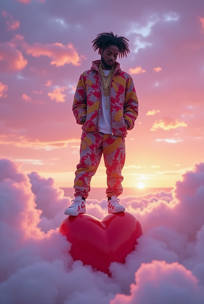 Black rapper boy stepping on a heart in the clouds