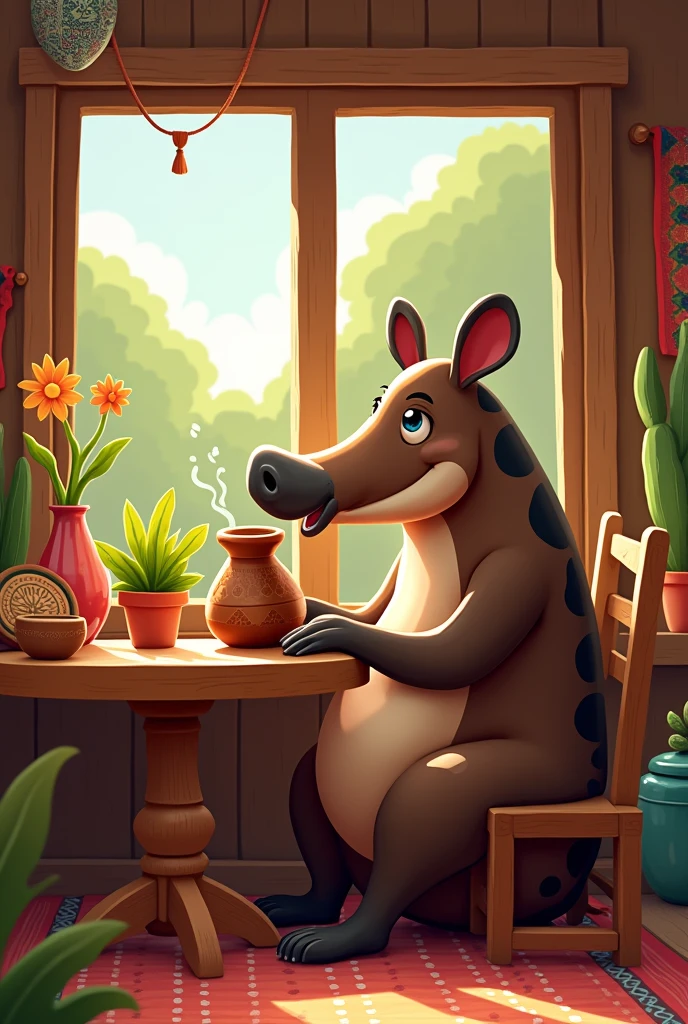 tapir (animal from Tucumán) drinking mate in a gourd and bombilla, in a house, sitting at a table
I want the image to be a cartoon