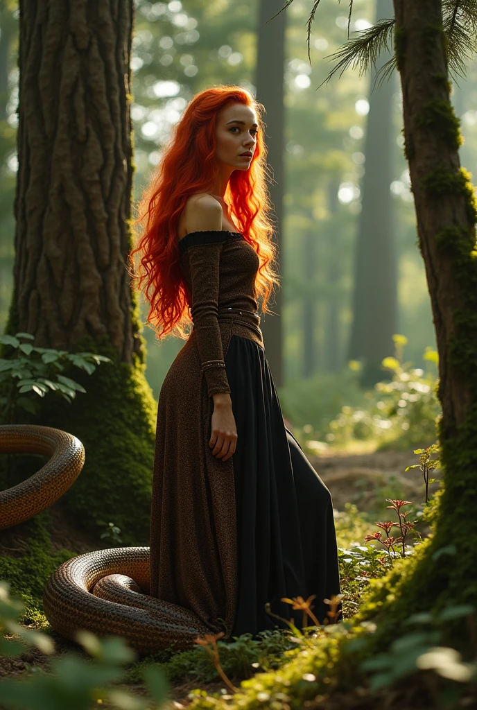 Red-haired snake woman,wearing Fiorucci clothes,brown and black color,background with pine trees