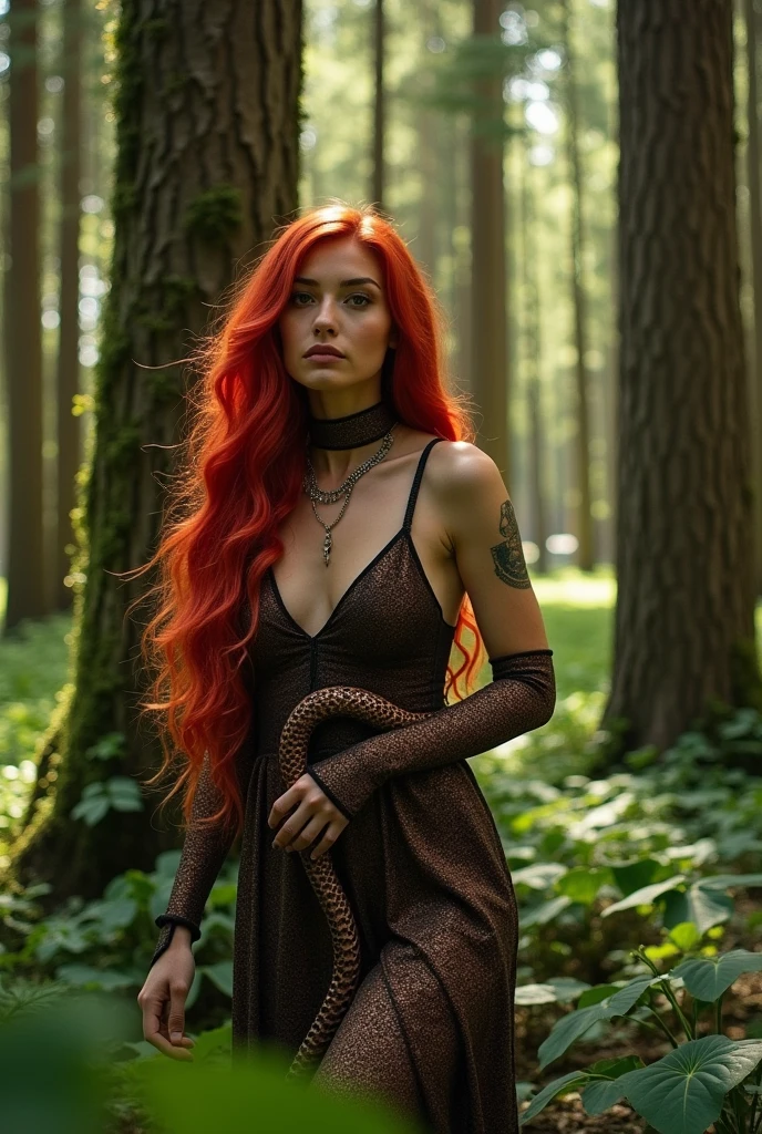 Red-haired snake woman,wearing Fiorucci clothes,brown and black color,background with pine trees