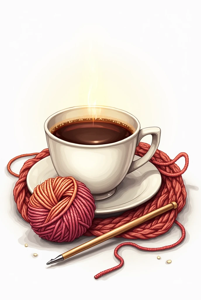 Coffee cup with yarn on the side with a crochet hook drawing style with transparent background 
