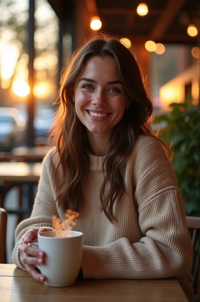 Belle brune portant un pull beige (hold a cup of coffee in a modern cafe at sunset), very detailed, 21 ans, visage innocent, natural wavy hair, blue eye, high resolution, head of&#39;artwork, best quality, intricate details, very detailed, mise au point nette, detailed skin, texture de peau réaliste, texture, detailed eyes, professionnel, 4K, charming smile, filmed in Canon,  85 millimeters, shallow depth of field, Kodak Vision Color, corps parfaitement ajusté, extremely detailed, Photograph_\(ultra\), Photorealistic, realistic, Post-traitement, maximum details, roughness, real life, ultra realistic, photorealism, photographie, 8k uh, photographie