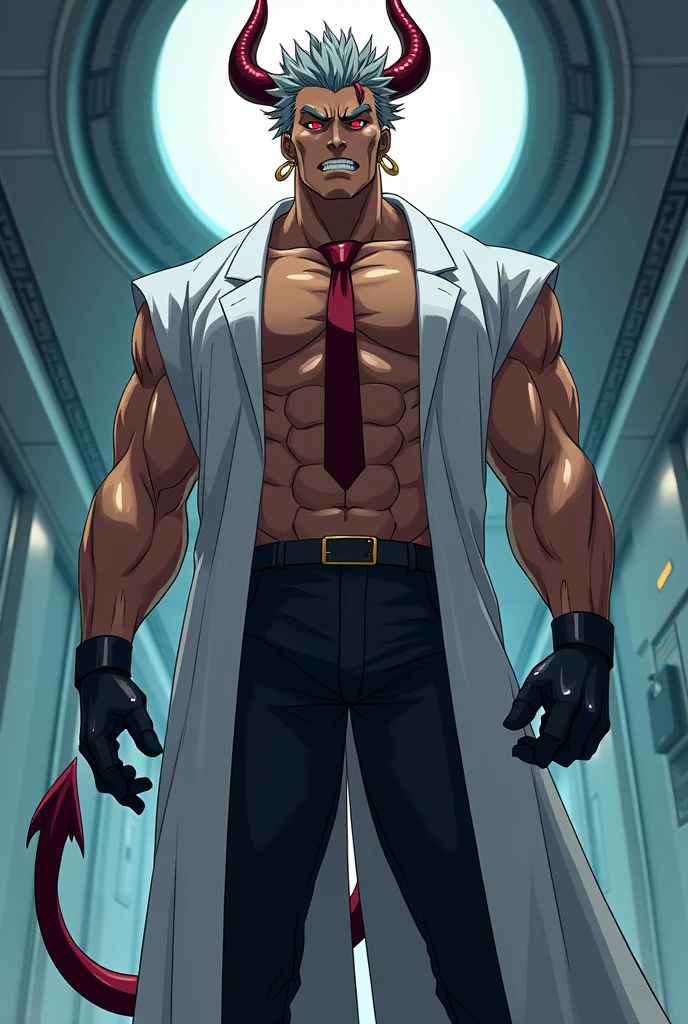 Create an anime Bara man version of height 2.20cm, muscled body, dominant look, pubic hair on the chin and chest, oval gold earrings on his two ears, brown skin, spiky gray hair, dominant red eyes, Fangs, large, deep red horns. He wears a long doctor's robe with vision-colored sleeves, a burgundy tie, that he shows his muscular chest, black pants and black shoes, black gloves, demon tail.