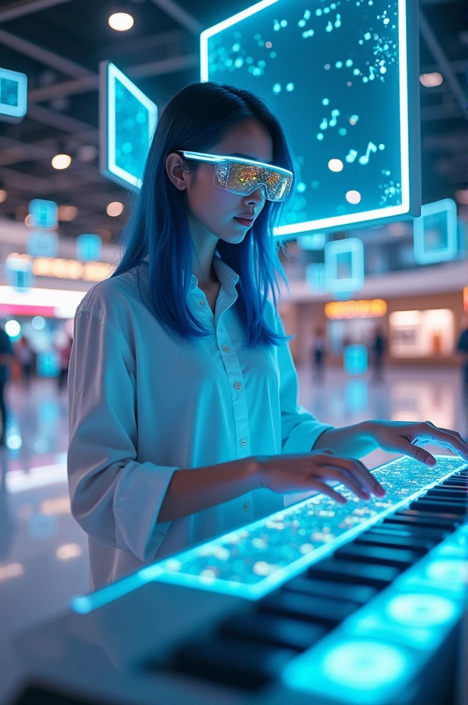 A person wearing augmented reality glasses is playing a holographic virtual piano.