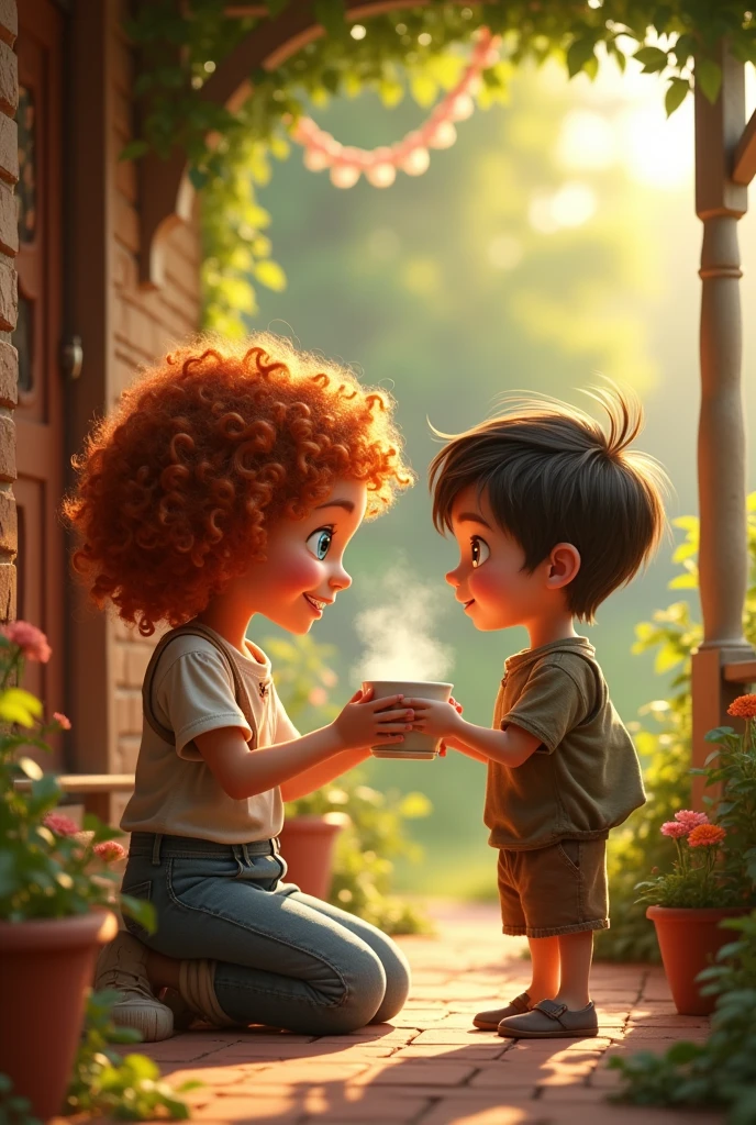  a  girl giving a poor boy a cup of  milk at the door of her home, pixar style, cinematic, masterpiece, high-aesthetic, realistic 