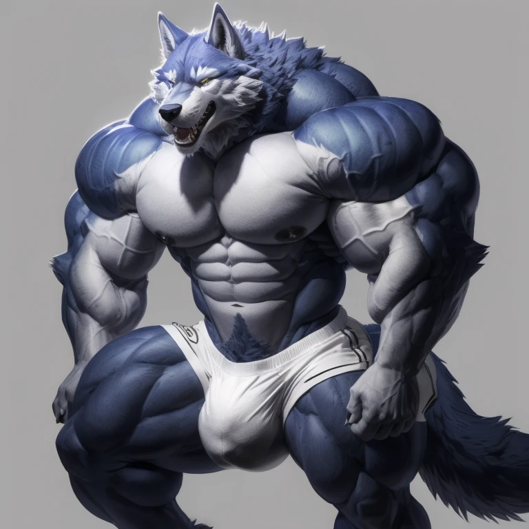 furry growth, exaggeratedly huge Bulge, hyper growth, hyper muscles, wolf, blue wolf, shirtless, white shorts, exaggeratedly muscular, on a gray background