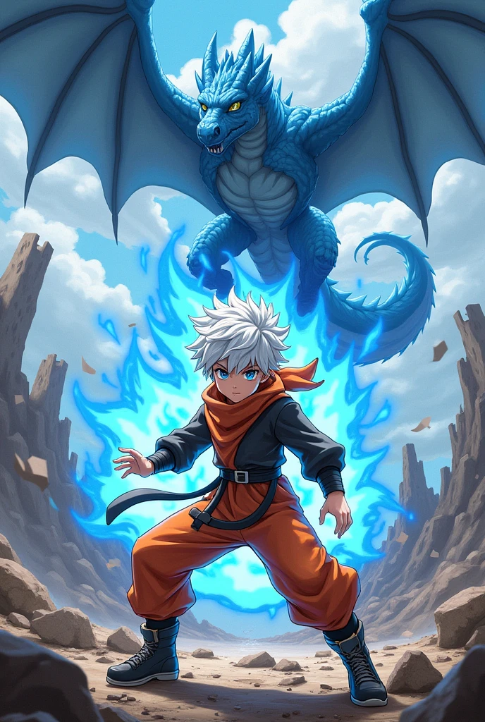 1 boy, teenager, short white hair and blue eyes solo, boy, orange and black outfit, fairy tail anime style art, epic fight scene, preparing a blue flame attack, epic battle, going into battle, destroyed fight background with a blue dragon flying