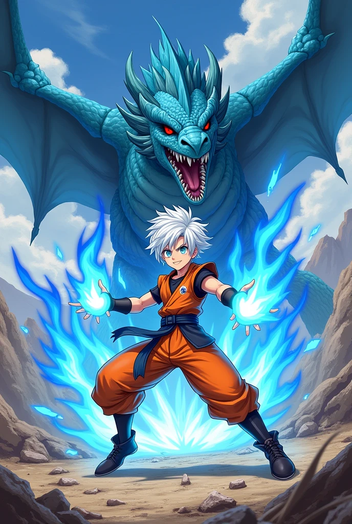 1 boy, ager, short white hair and blue eyes solo, boy, orange and black outfit, fairy tail anime style art, epic fight scene, preparing a blue flame attack, epic battle, going into battle, destroyed fight background with a blue dragon flying