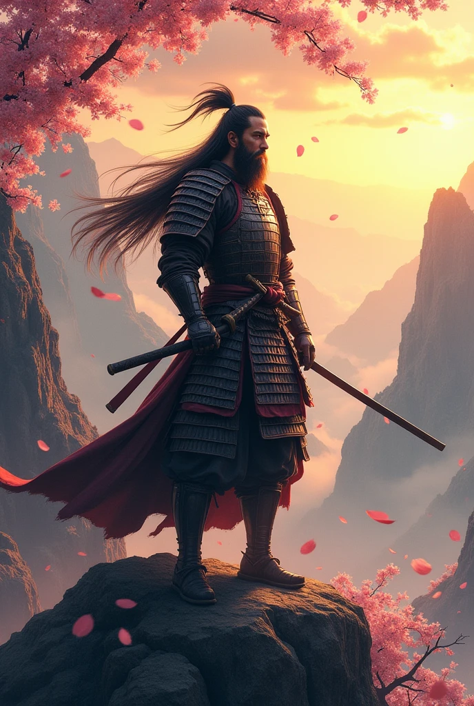a samurai with long hair and a beard standing on top of a mountain