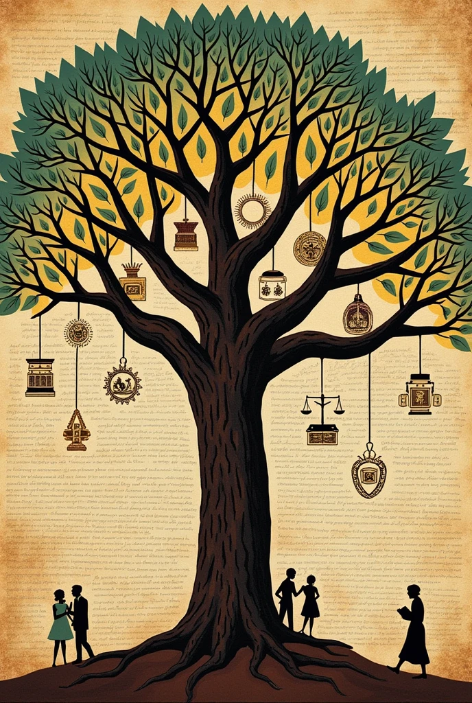 @FLUX-schnell a tree illustration to argue that European colonialists did not bring law and order to Africa, using the Songhai Empire as an example. It highlights Eurocentric biases, evidence of pre-colonial legal systems, and the importance of Afrocentric scholarship. The prompt specifies a handwritten, style with icons and encourages experimentation.