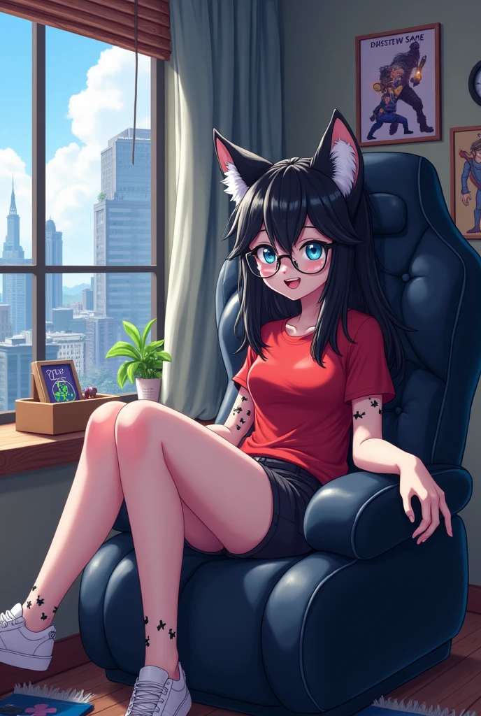 Alone, score_9, score_8_Very high up, score_7_Very high up, Kimono style, a young furry wolf Anthro nerd, child, Ahegao, female, young wolf girl, wolf snout, white and furry body, High High, long messy black hair, Long hair, Bblack hair, white wolf tail, black glasses, blue eyes, white wolf ears, white wolf tail, small breasts, wearing a red shirt, black shorts, Sitting in a gaming chair in the bedroom, front angle, panting, naughty face, mischief