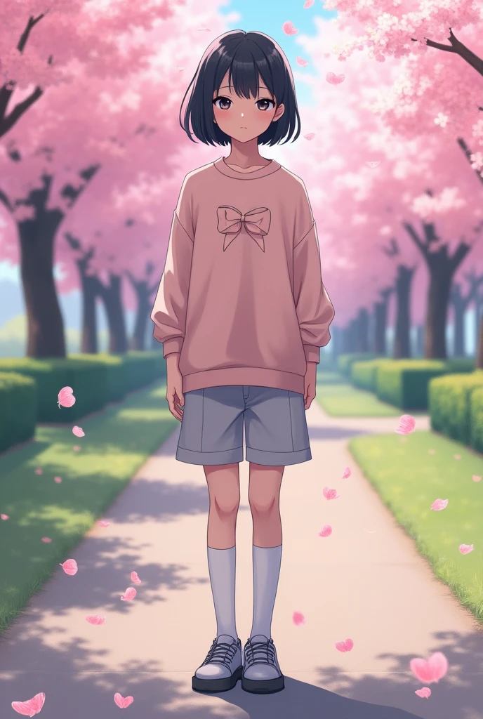Create a picture of a woman. Characteristics: Japanese, 170cm tall, long face, round nose, thin eyes, droopy eyes, double eyelids, boyish short hair, black hair, shoe size 26.5cm Age: . Full body depiction.。