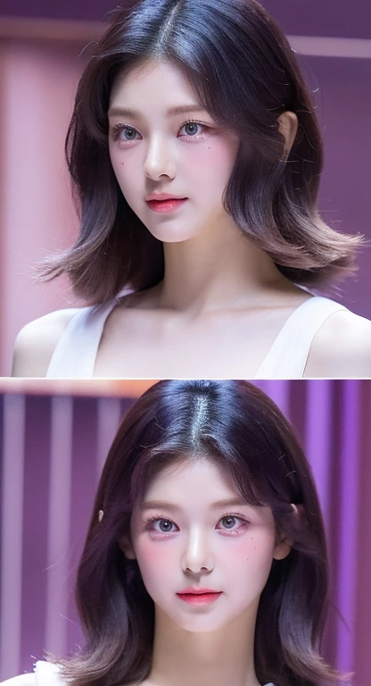 perfect figure beautiful woman：1.4，Layered hair style，Outstanding neckline：1.2，Two-dimensional clothing：1.5，Very detailed face and skin texture，double eyelid，Whiten skin，long white hair, purple eyes (( purple eyes))