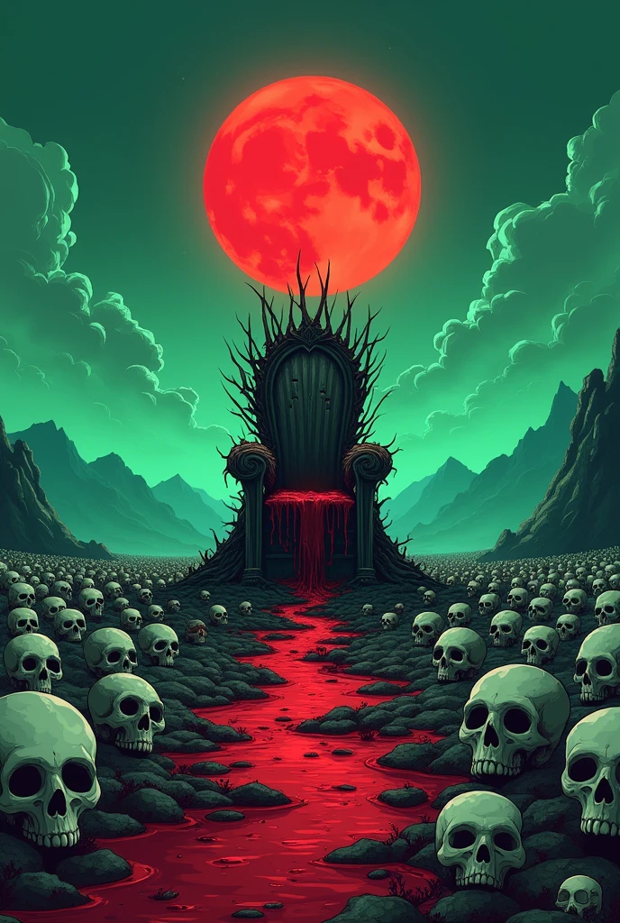 A very big land with with greenish sky and red moon and with thousands of  skull on it and a bloody throne made of thorns with blood on it standing on that land, scary in landscape format animated cartoon style