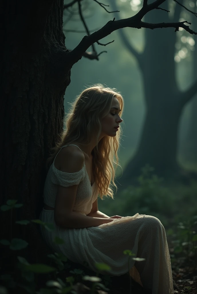 As she fades away, Celeste whispers a final message, her voice filled with sorrow and hope.. make her young and anime art style and her hair color should be blond and the background should be just tree and not flowers and make the theme dark and tense make her simple and use anime art style and this time make her sleeping while sitting on a tree and while sleeping she's crying
.
