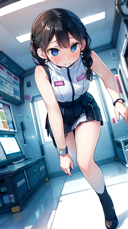 (Highest quality), (masterpiece), 1080P, High resolution, 4K, 8k, Inside the space station、Futuristic room、Thigh straps, Shooting from directly below, The woman on top of me, 白いSweat, Covered , Sweat, Woman looking down, Skirt swimsuit, Thigh-high socks, To achieve this, , , whole body, Black leather shoes, Braided hair, Inner Color, Embarrassed face, Short black hair, bracelet, Bedroom,celestial body_Vest