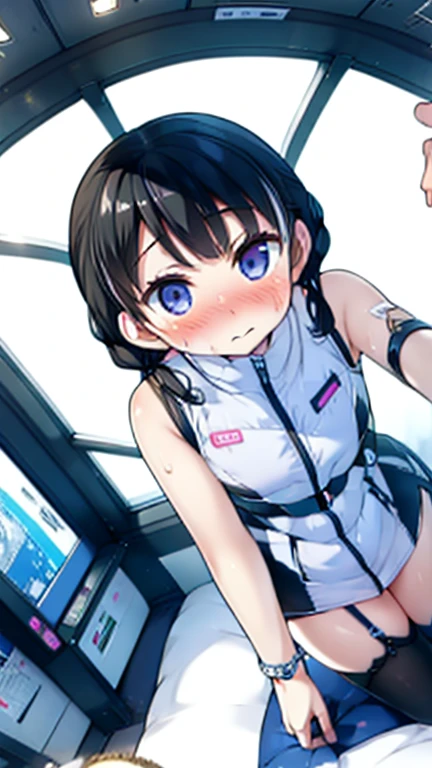 (Highest quality), (masterpiece), 1080P, High resolution, 4K, 8k, Inside the space station、Futuristic room、Thigh straps, Shooting from directly below, The woman on top of me, 白いSweat, Covered , Sweat, Woman looking down, Skirt swimsuit, Thigh-high socks, To achieve this, , , whole body, Black leather shoes, Braided hair, Inner Color, Embarrassed face, Short black hair, bracelet, Bedroom,celestial body_Vest
