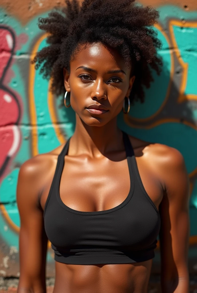 Woman with proportional muscles and a serious face with a large nose and African features.