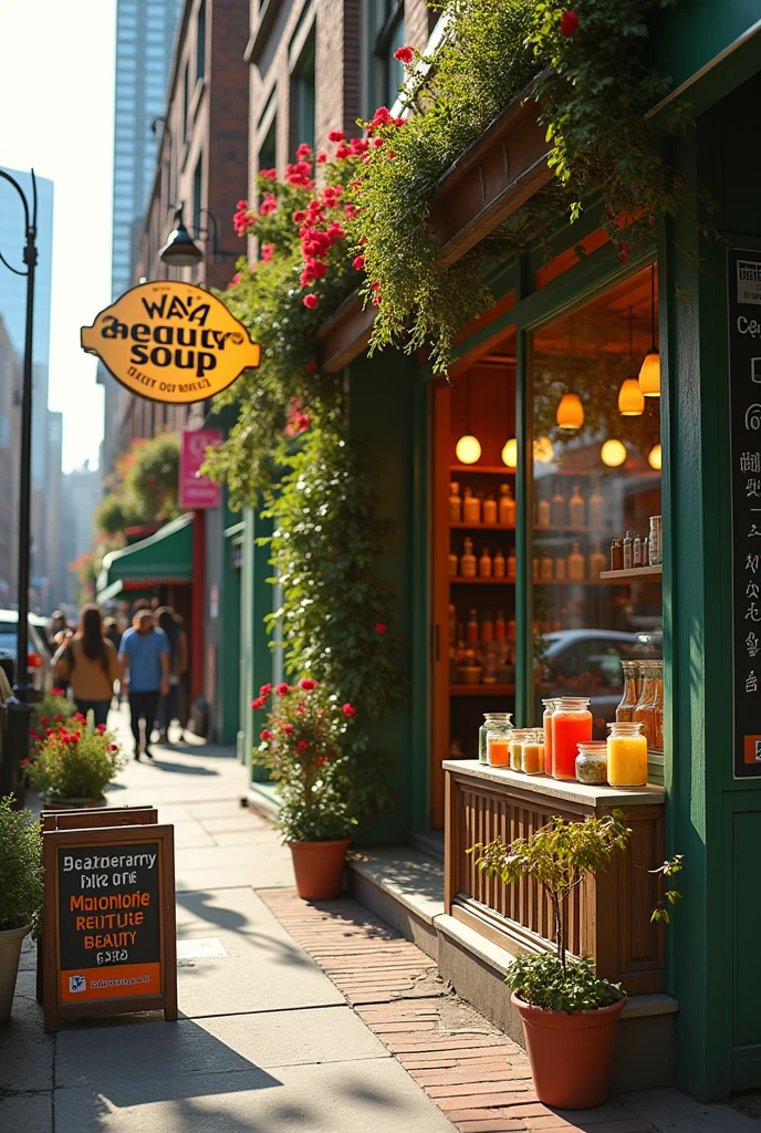 /Imagine(Upbeat background music starts playing. The camera pans over a bustling cityscape before zooming in on a small, cozy storefront with a sign reading "Waya Beauty Soup".)
Narrator: "In a world where beauty standards can be overwhelming, one small company is stirring up a revolution..."