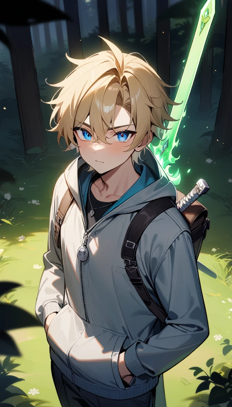 1boy, male focus, blue eyes,brown and blonde hair,teene,japanes cherry forest,1 sword,green fire glowing sword on back,perfect sword,Hand in pocket,perfect eyes,masterpiece,very aesthetic,newest,sensitive
