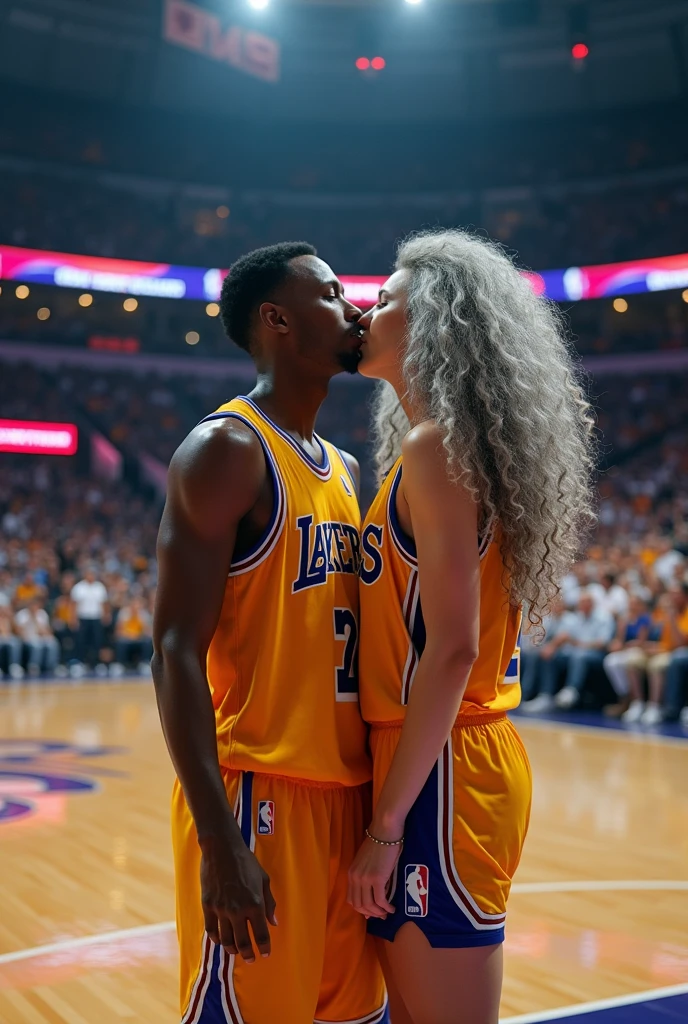 A beautiful youthful looking 
 American version of Ariana Grande as a 50 years old woman with very long hair completely gray hair in a long big curls styles as a retired
NBA player wearing her old NBA jersey in a nba stadium she is kissing a younger male basketball player in their 20s