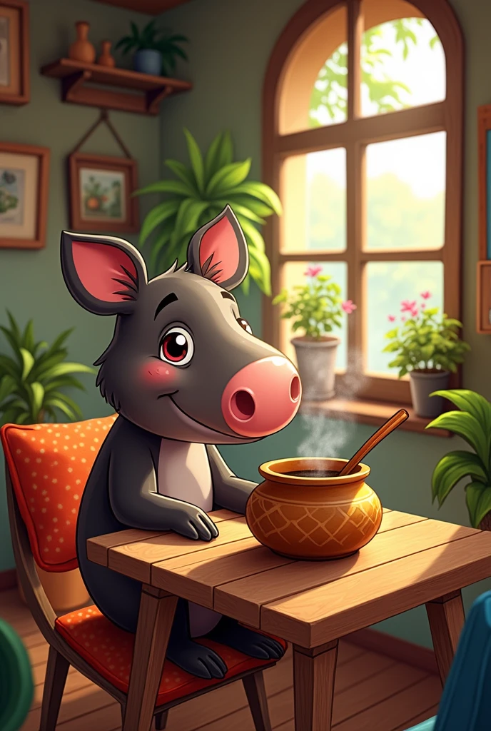 tapir (animal from Tucumán) drinking mate in a gourd and bombilla, in a house, sitting at a table I want the image to be a cartoon same image, but looking forward
