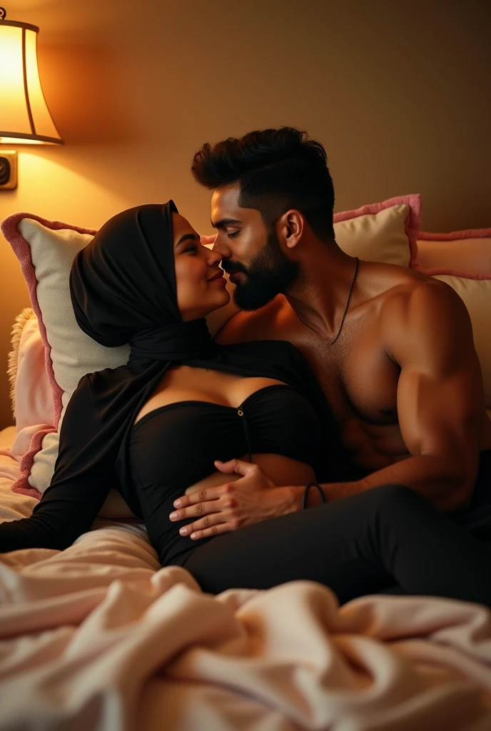 Girl, curvy hourglass body, wearing black hijab tube top, muscular hindu pandit, kissing, on the bed.