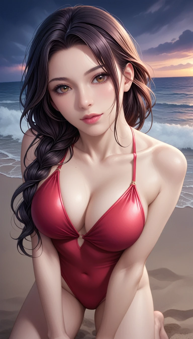 score_9, score_8_superior, score_7_superior, High-resolution CG illustration,A masterpiece in 32K resolution,Highest quality,it is really amazing,Very detailed,Ultra-high resolution,Ultra-realistic,Realistic,Increased depth of field,Cinematic lighting,
Sexy mature Japan woman,
Long black hair,Showing his forehead,Ultra-detailed and beautiful face,Calm and gentle look,Beautiful brown eyes,Translucent white skin,Realistic skin texture,Great proportions,
Elegant red swimsuit,
Simple design,Chic color scheme based on red,Detailed fabric texture,
(Dark overcast sky on a dull night:1.1),(Dark clouds filling the sky:1.1),Thundercloud,Coastline at night,Stormy seas,delay々A desolate sandy beach that continues,
Kneeling on the sand,High angle,