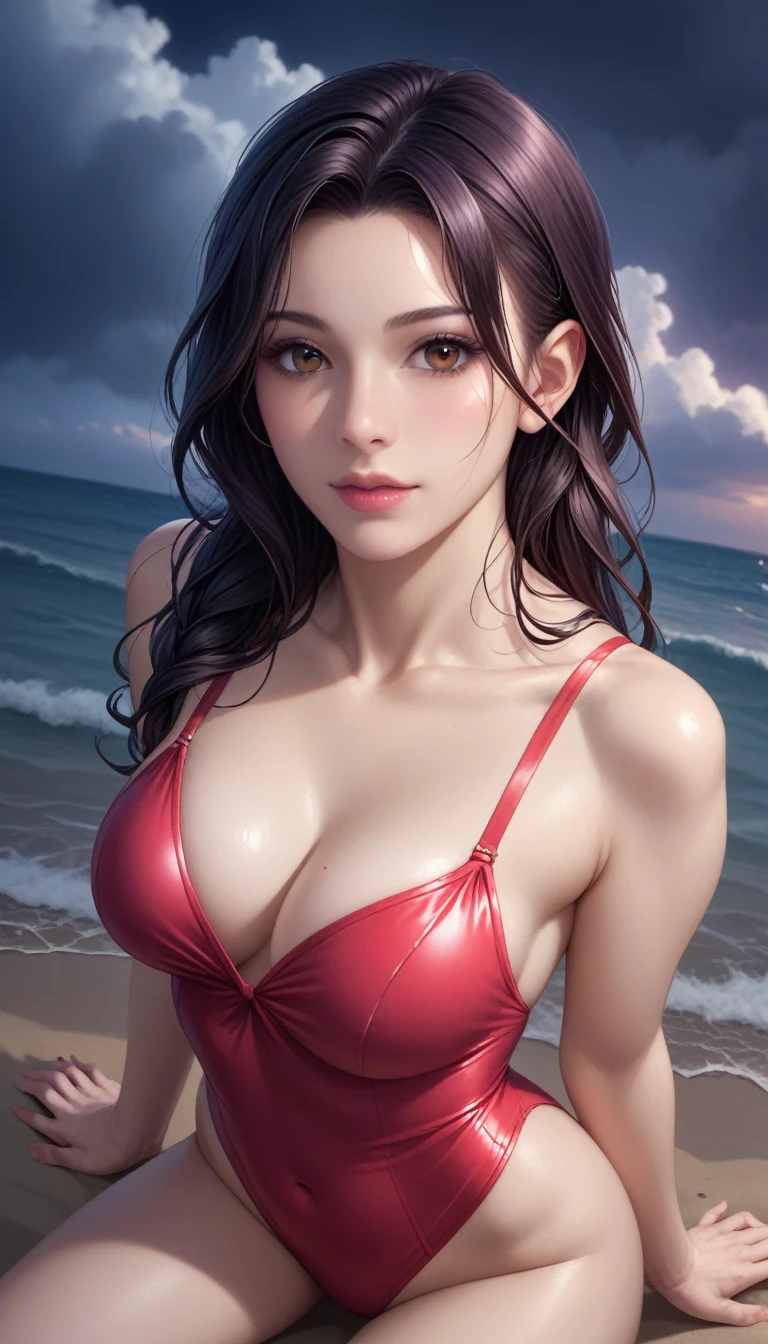 score_9, score_8_superior, score_7_superior, High-resolution CG illustration,A masterpiece in 32K resolution,Highest quality,it is really amazing,Very detailed,Ultra-high resolution,Ultra-realistic,Realistic,Increased depth of field,Cinematic lighting,
Sexy mature Japan woman,
Long black hair,Showing his forehead,Ultra-detailed and beautiful face,Calm and gentle look,Beautiful brown eyes,Translucent white skin,Realistic skin texture,Great proportions,
Elegant red swimsuit,
Simple design,Chic color scheme based on red,Detailed fabric texture,
(Dark overcast sky on a dull night:1.1),(Dark clouds filling the sky:1.1),Thundercloud,Coastline at night,Stormy seas,delay々A desolate sandy beach that continues,
Kneeling on the sand,High angle,