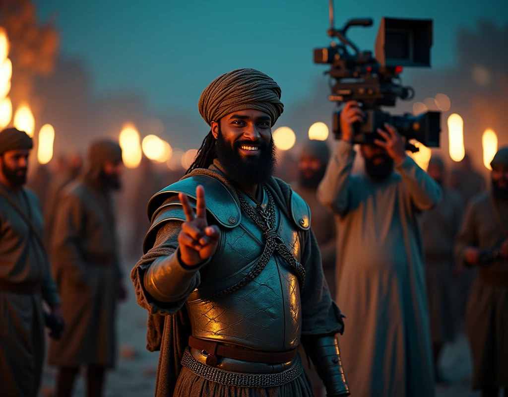 commemorative film ,((camera shoot ,camera staff, dresser, cinema Boss)), Muslim warriors, black man , middle body, (Has black hair and a beard, big smile),(Cover the whole body in armor, no sword, make V sign, ((He wears a chain clothes, and Wearing a turban, body light armor))) , night ((Anatomically correct,Surrealism, uhd, retina, accurate, anatomically correct, textured skin, super detail, high details, best quality, 8k))