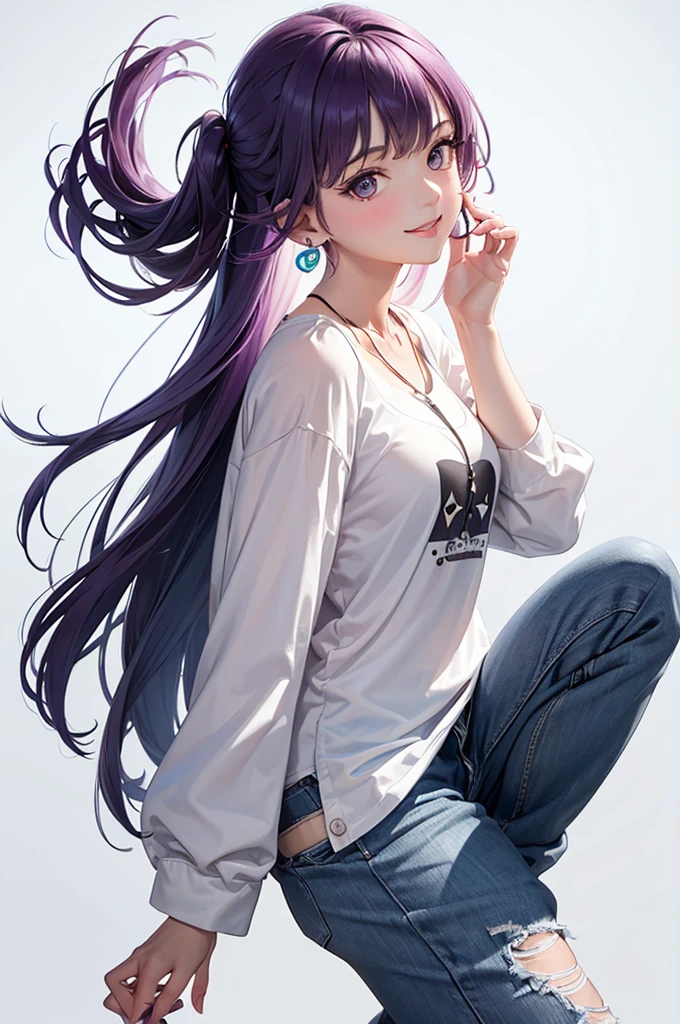 Best Quality,High resolution,8k,(plain white background, no patterns, no textures, just a plain white background:1.3),Masterpiece:1.2),beautiful girl,Shiny purple hair,bob cut,Beautiful purple eyes,A girl in a bright, oversized graphic tee or tank top with a cheerful design, paired with high-waisted, slightly oversized long pants in a light, colorful fabric with a subtle pattern. She is wearing casual sneakers with a pop of color or simple yet stylish sandals. Accessories include a playful pendant necklace and colorful stud earrings,Gentle look,A refreshing look,smile,Best quality,Best Quality,Aesthetic and aesthetic:1.2,Best details((Super detailed))(High-definition CG illustrations),Slender body,smile,blush,cute,Scrounge,Looking up,Being spoiled,super model