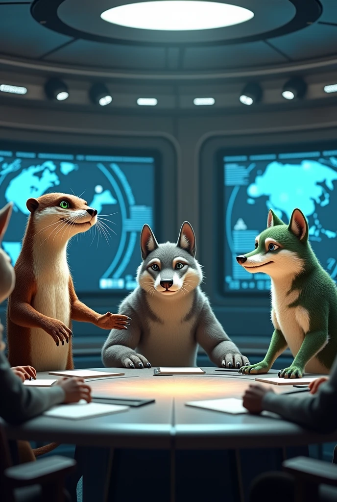 a diplomatic meeting between furry anthropomorphic otter, wolf with grey fur  , wolf with green and white fur and Dalmatian in a space ship briefing room