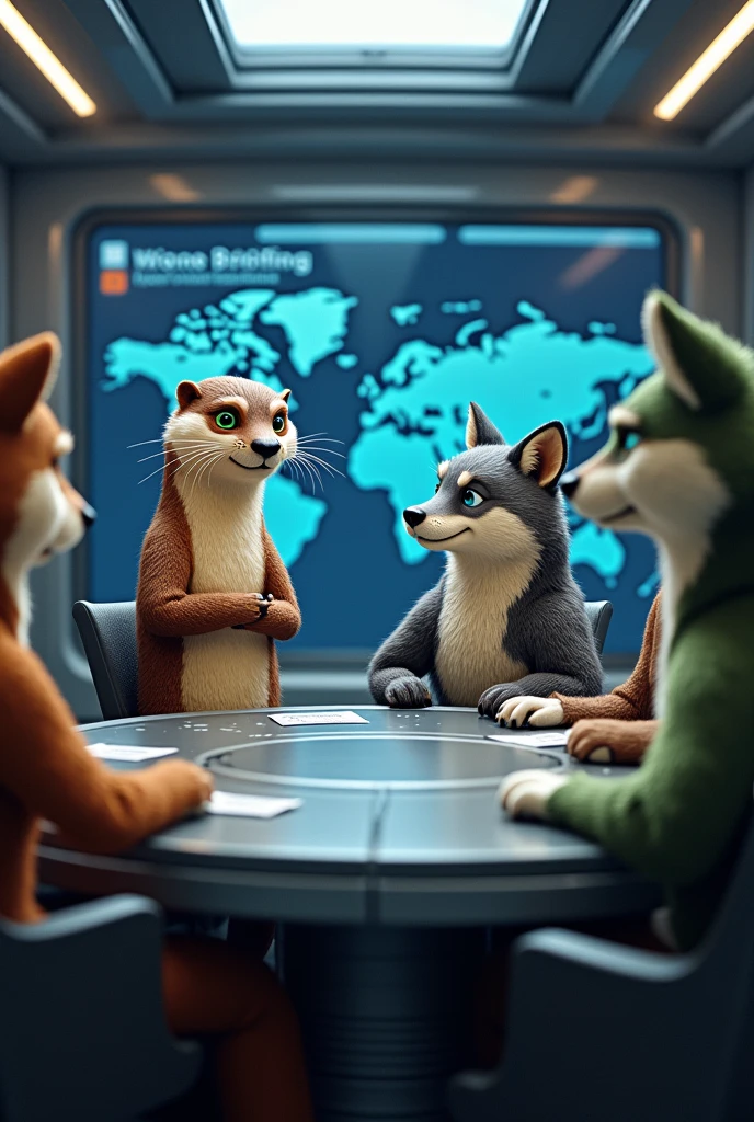 a diplomatic meeting between furry anthropomorphic otter, wolf with grey fur , wolf with green and white fur and Dalmatian in a space ship briefing room