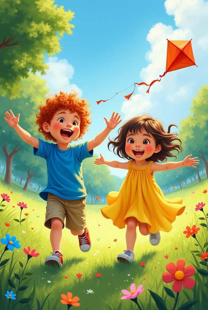 Realistic figurative art of children playing with complementary colors, composition, balance, rhythm and movement. 