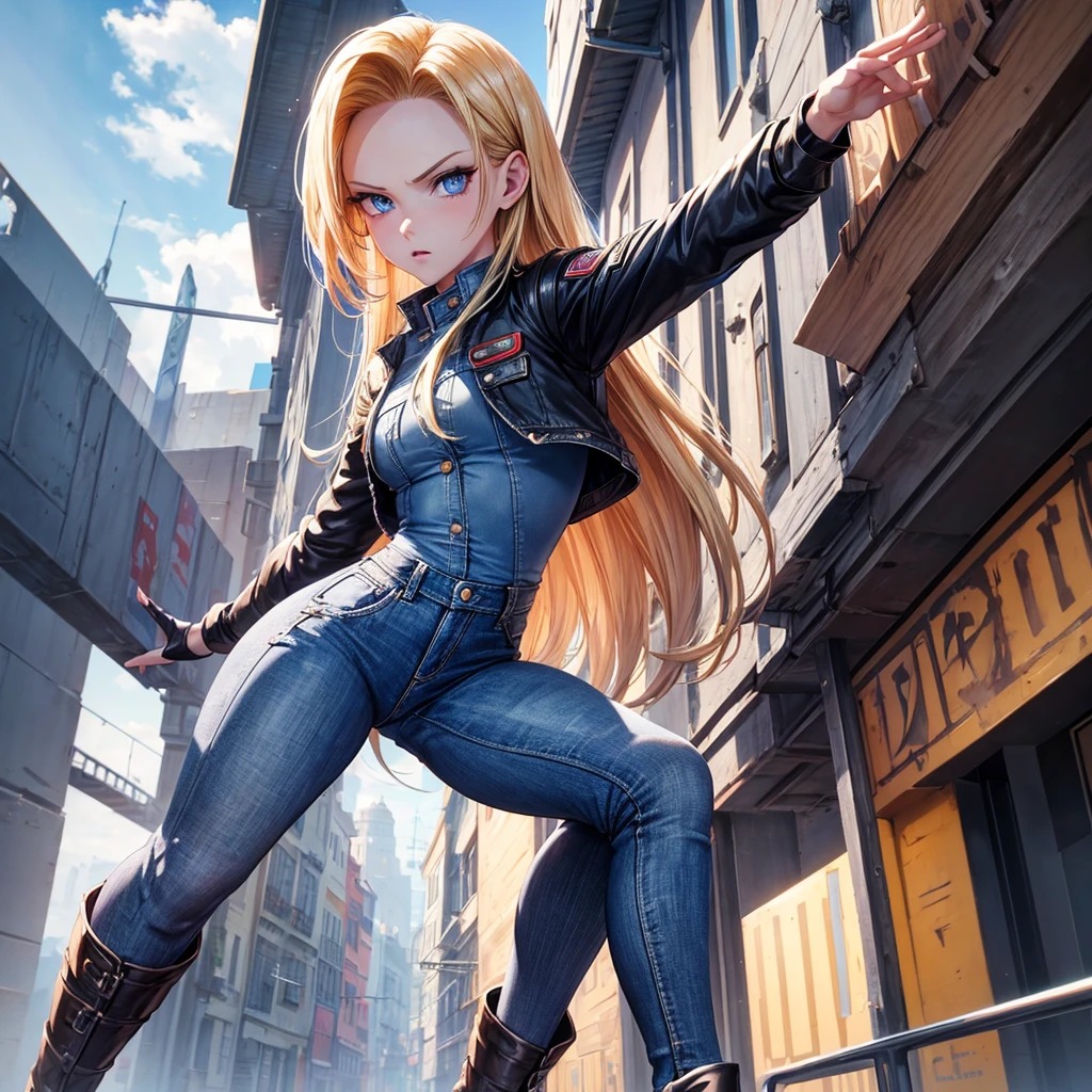 Android 18, view from below, ((masterpiece), (best quality), ultra high res), 1 girl, long blonde hair, hair visible, blue eyes, confident expression, black pantyhose, denim jacket, white shirt, detailed outfit, looking up, dynamic pose, anime style, dramatic perspective"