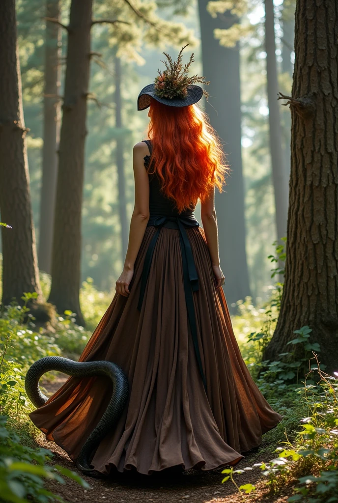 Red-haired snake woman,with a full skirt dress and a feathered hat ,brown and black color,background with pine trees