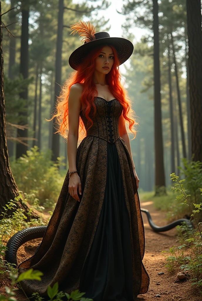 Red-haired snake woman,with a full skirt dress and a feathered hat ,brown and black color,background with pine trees
