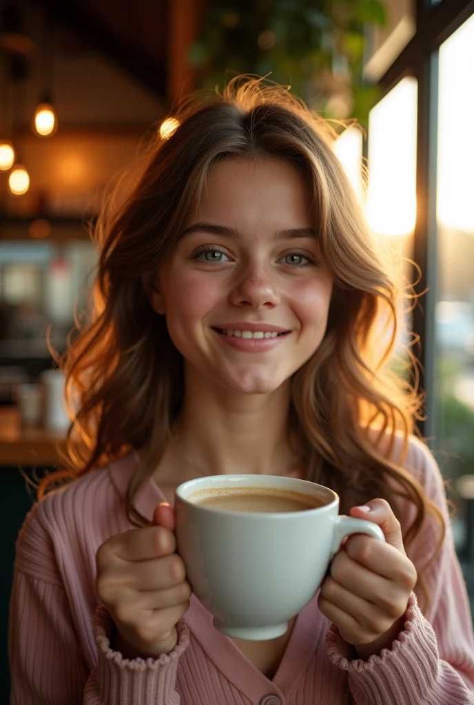 Belle brune portant un pull beige (hold a cup of coffee in a modern cafe at sunset), very detailed, 21 ans, visage innocent, natural wavy hair, blue eye, high resolution, head of'artwork, best quality, intricate details, very detailed, mise au point nette, detailed skin, texture de peau réaliste, texture, detailed eyes, professionnel, 4K, charming smile, filmed in Canon, 85 millimeters, shallow depth of field, Kodak Vision Color, corps parfaitement ajusté, extremely detailed, Photograph_\(ultra\), Photorealistic, realistic, Post-traitement, maximum details, roughness, real life, ultra realistic, photorealism, photographie, 8k uh, photographie