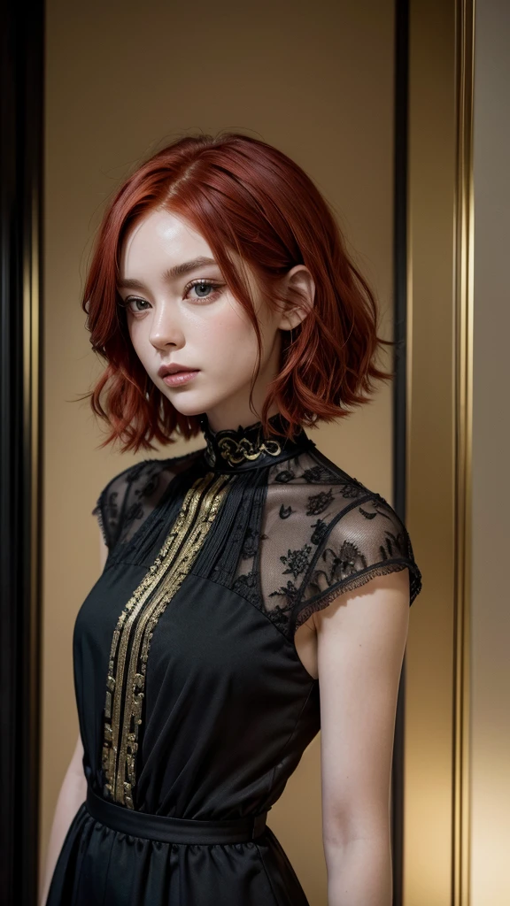 Red-haired man with short, straight hair in elegant black clothing with gold detailing