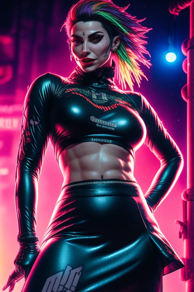 highest quality, cinematic lighting, (volumetric lighting), extremely detailed, extremely detailed, ultra realistic, sharp focus, detailed and intricate, 1024k UHD wallpaper, hdr, 8k, dslr, raw photography, soft lighting, sharp focus, (best quality:1.4, ultra-detailed:1.1, lighting:1.1, shadow:0.9, ray tracing:1.4), real light, very true, very clear detailed details, cyberpunk fantasy concept art, colorful, vivid colors, rich hues, 1girl, solo, Holo-Punk Style, yellow eyes, mascara, (black hair), (highlights hair, fluorescent yellow hair streaked hair), pixie cut, black lips, seductive smile, makeup, medium breasts, yellow crop top, bare arms, black layered skirt, arms behind back, standing, head tilt, cyberpunk, city, street, night, blurred background, dynamic lighting, (breathtaking), (masterwork:1.3), (stunningly beautiful), (anatomically correct:1.3), epic, scifi, futuristic art, cyberpunk art by butcher billy, sticker, colorful, illustration, highly detailed, simple, smooth and clean vector, no jagged lines, vector art, smooth, cover art, posing, (cyberpunk), looking at viewer, cowboy shot, expressive eyes, intense and powerful,